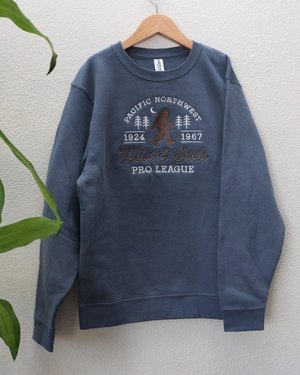 Slate blue kids crewneck embroidered with the Hide and Seek Pro League design